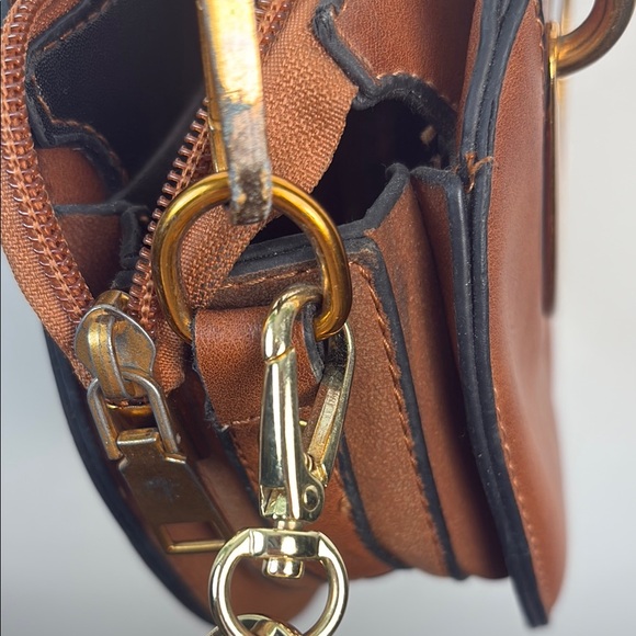 Brown and Gold Circular Crossbody Bag with Leather Finish - Picture 11 of 15
